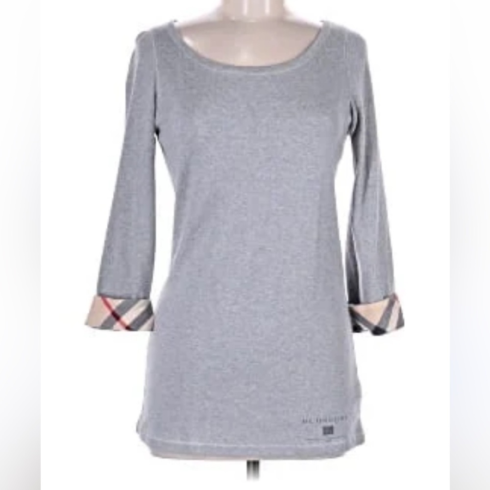 Burberry Brit Gray Long Sleeve Cotton Tee with Plaid Cuffs Size Medium